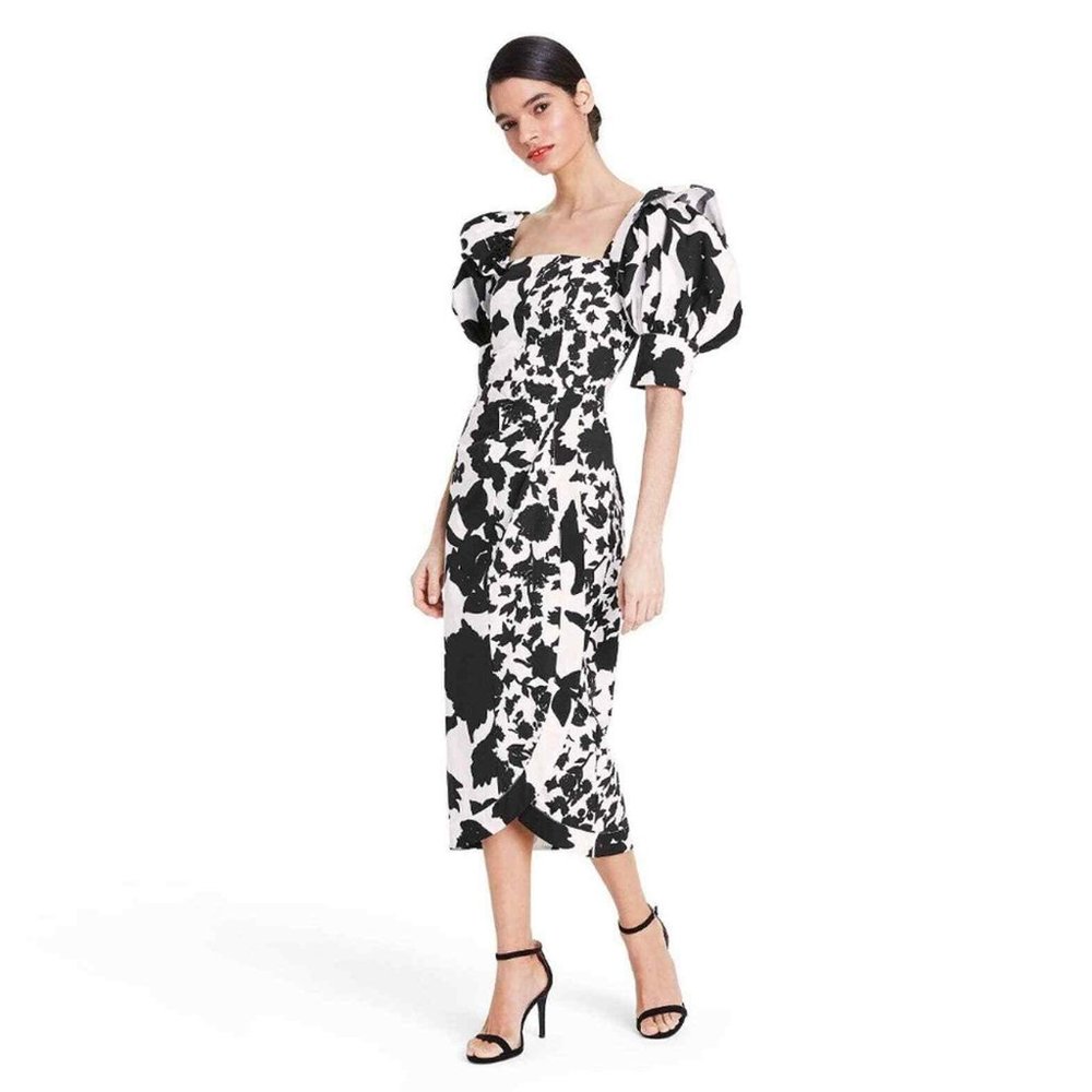 Christopher John Rogers Black & White Target Floral Puff Wrap Dress Size 10 NWT